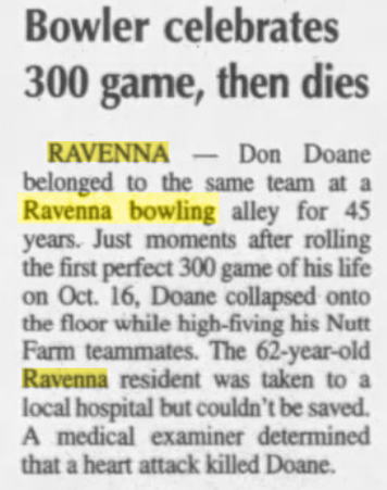 Ravenna Bowl - 1992 ARTICLE ON DEATH OF BOWLER WHO HAD A PERFECT GAME